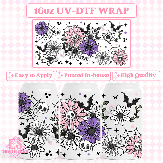 Skellie, Bat Florals - 16oz Beer Can / Libbey UV-DTF Transfer image 0