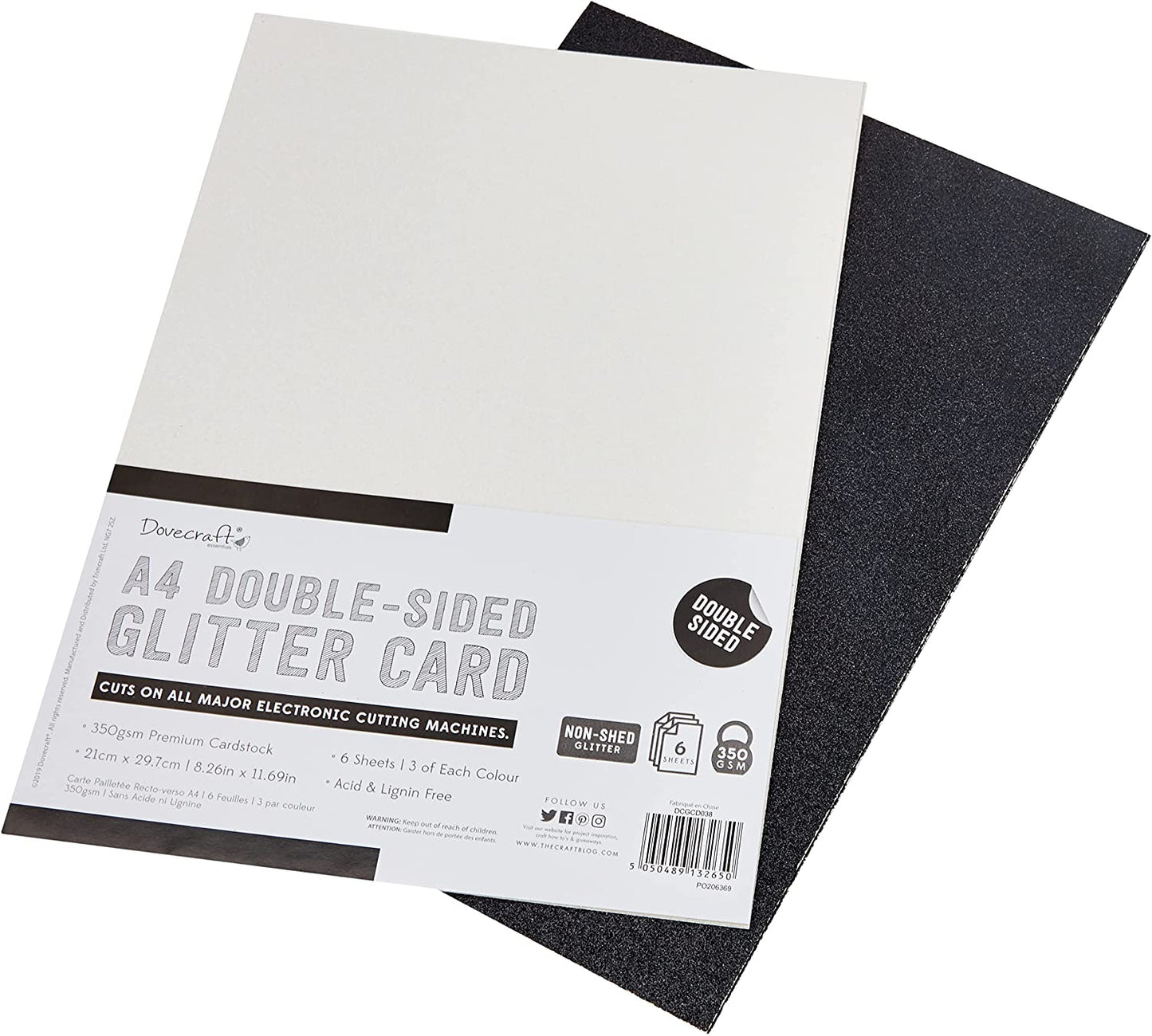 Dovecraft Double Sided Glitter Pack - Black & White 350gsm 6 Sheets image 0