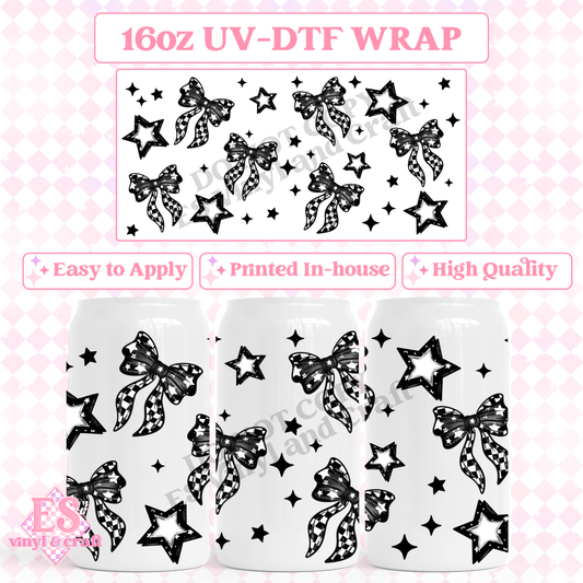 Checker Bow and Stars - 16oz Beer Can / Libbey UV-DTF Transfer image 0