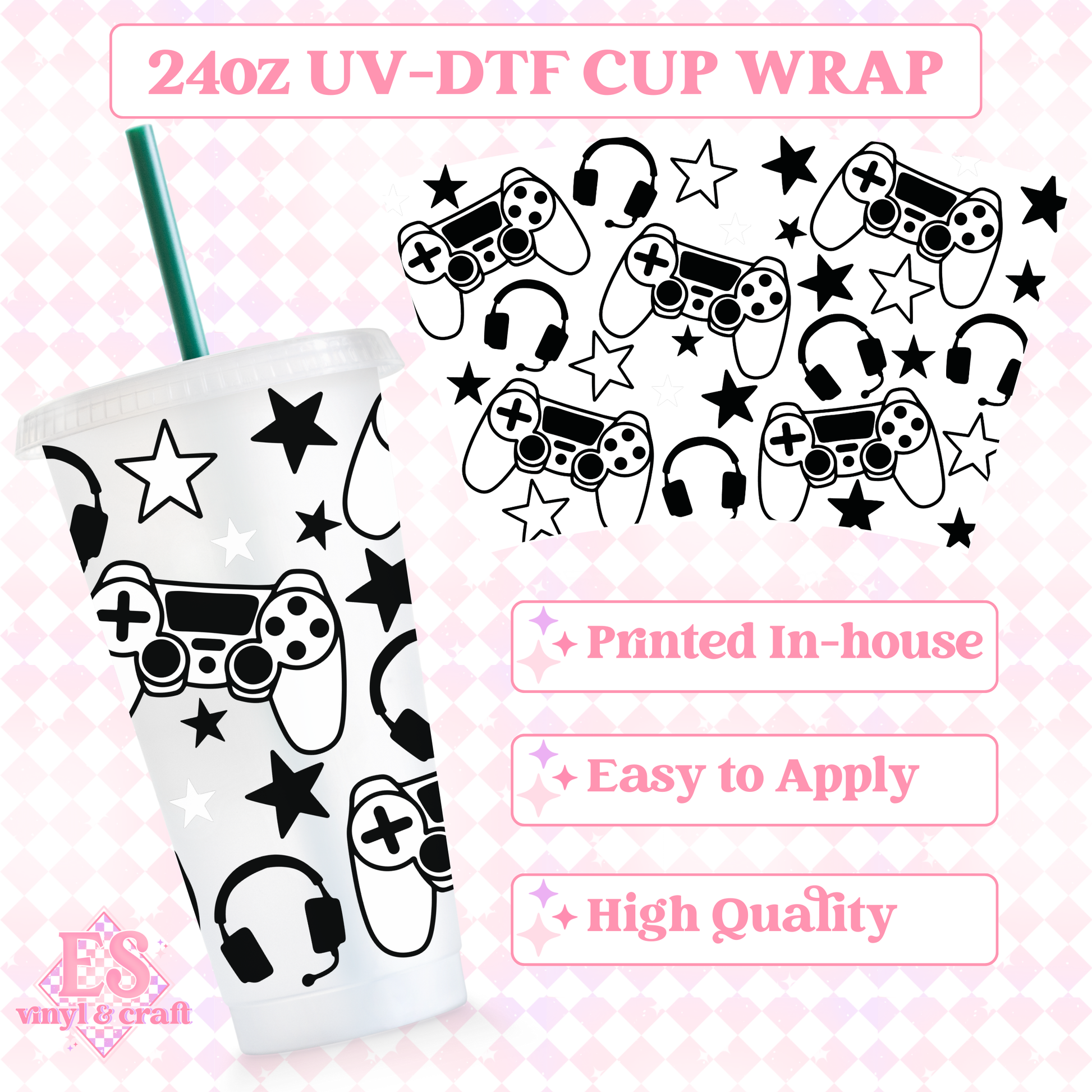 Gamer "P" Black and White - UVDTF 24oz Cold Cup Wrap image 0