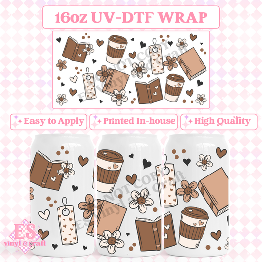 Coffee and Books - 16oz Beer Can / Libbey UV-DTF Transfer image 0