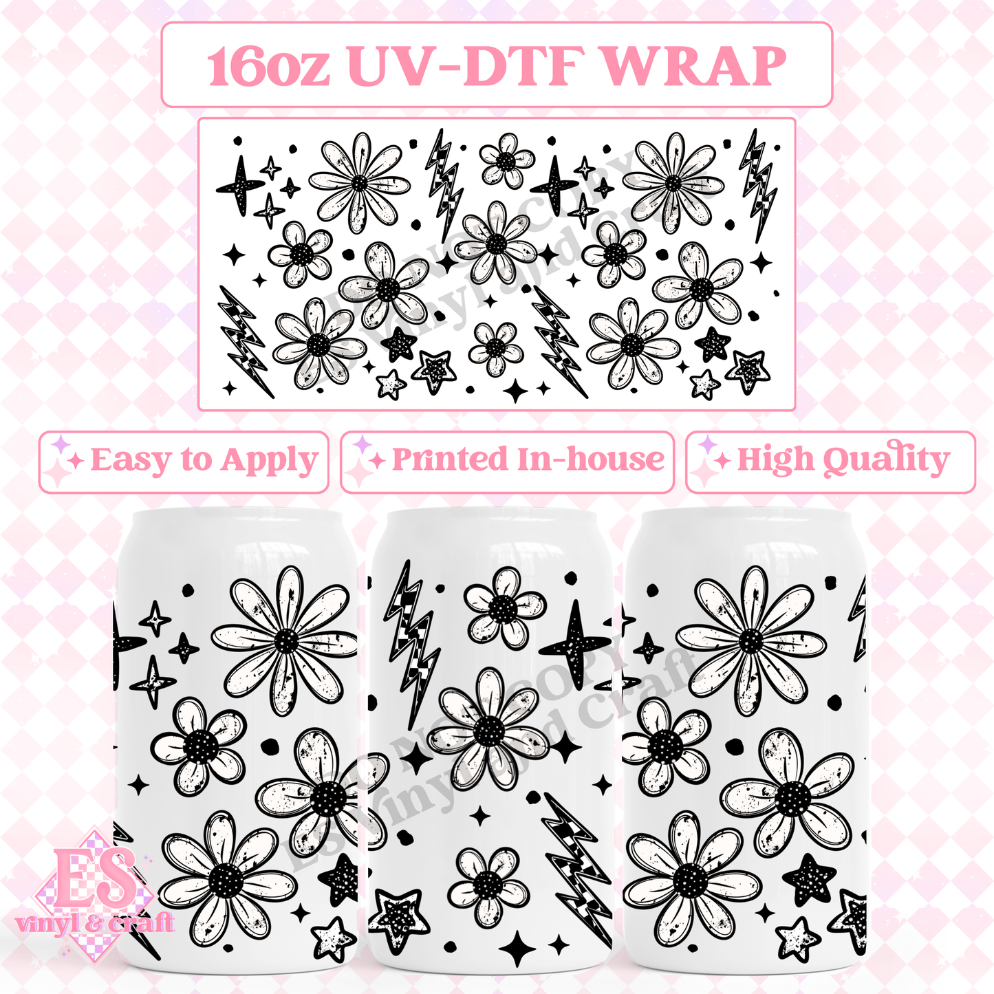 Checker Floral - 16oz Beer Can / Libbey UV-DTF image 0