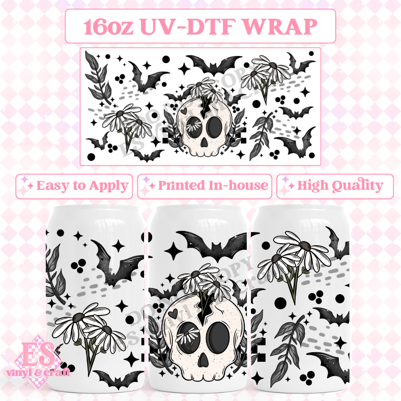 Floral Bat Skellie - 16oz Beer Can / Libbey UV-DTF Transfer image 0