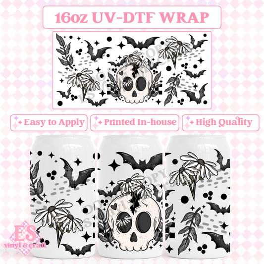 Floral Bat Skellie - 16oz Beer Can / Libbey UV-DTF Transfer image 0