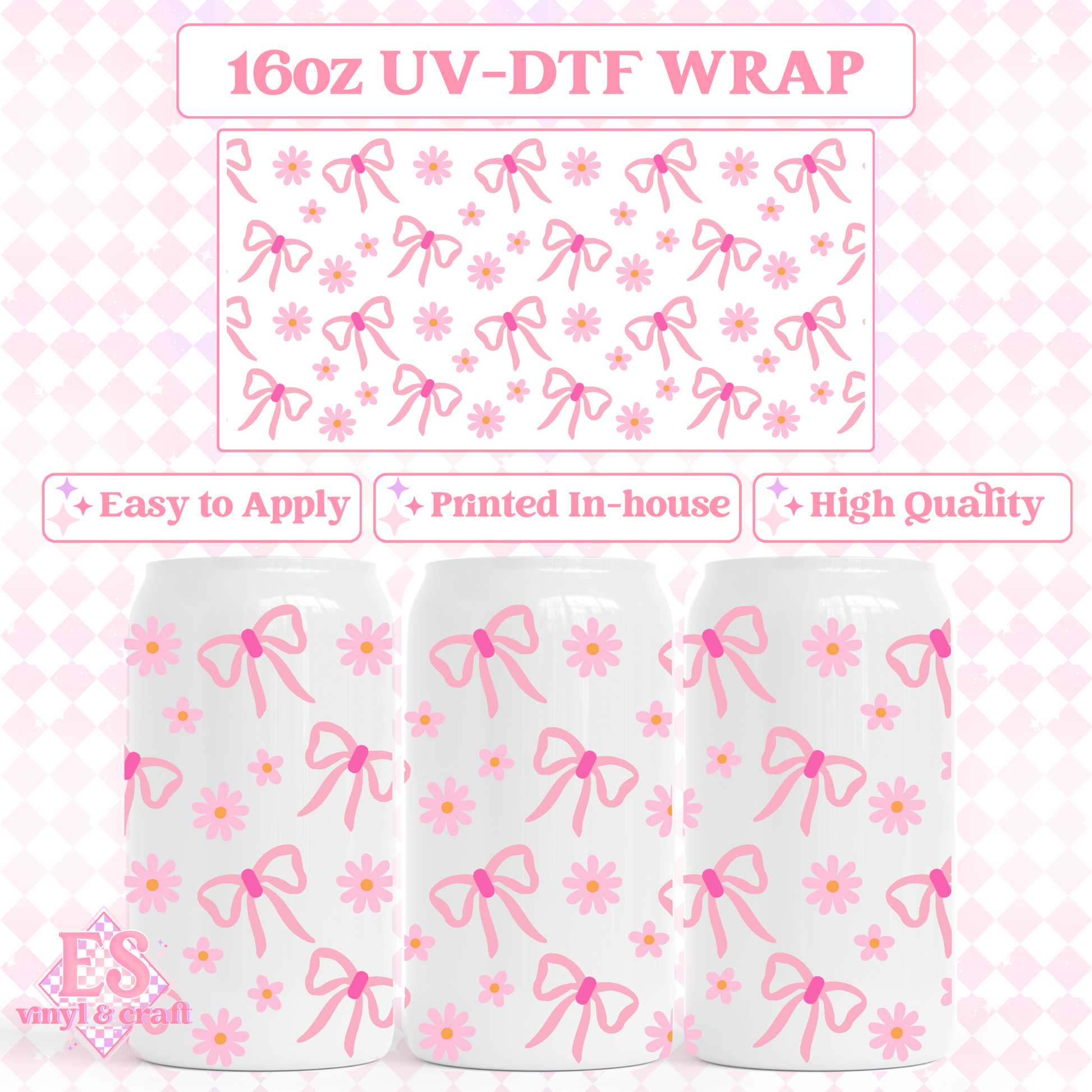 Coquette Bows and Daisies - 16oz Beer Can / Libbey UV-DTF Trans image 0