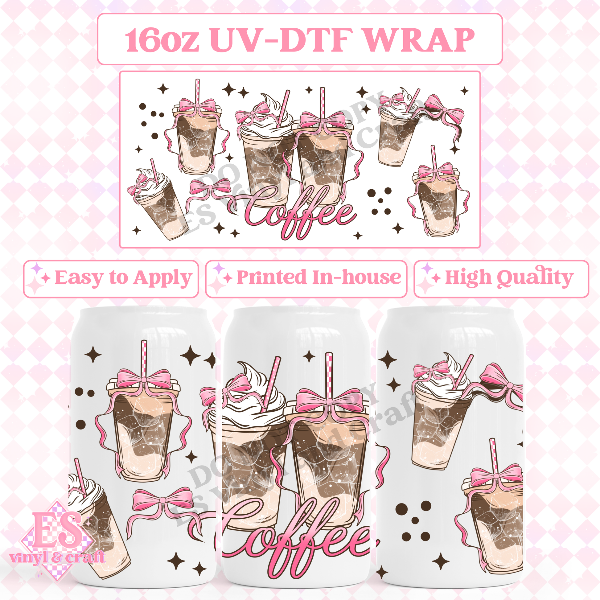 Pink Coffee Bows - 16oz Beer Can / Libbey UV-DTF Transfer image 0