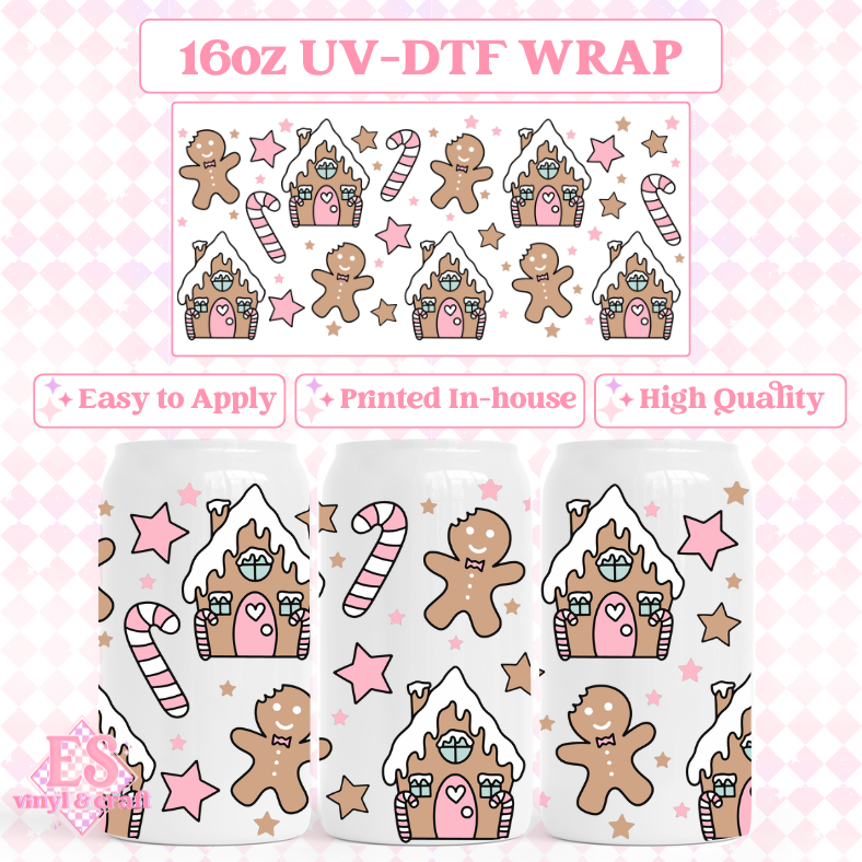 Gingerbread House Pink Edition - UVDTF 16oz Libbey Can Wrap image 0