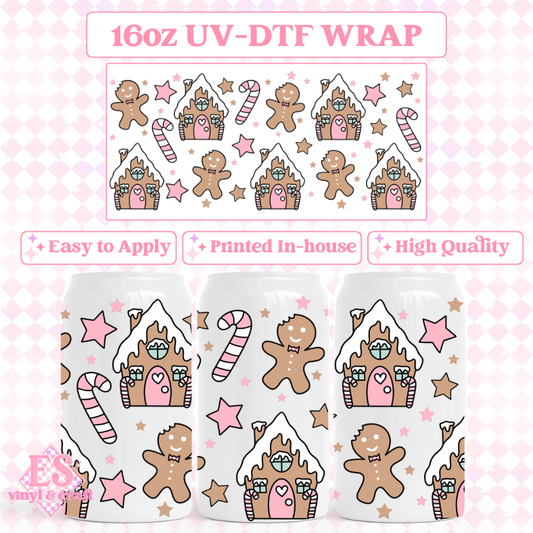 Gingerbread House Pink Edition - UVDTF 16oz Libbey Can Wrap image 0