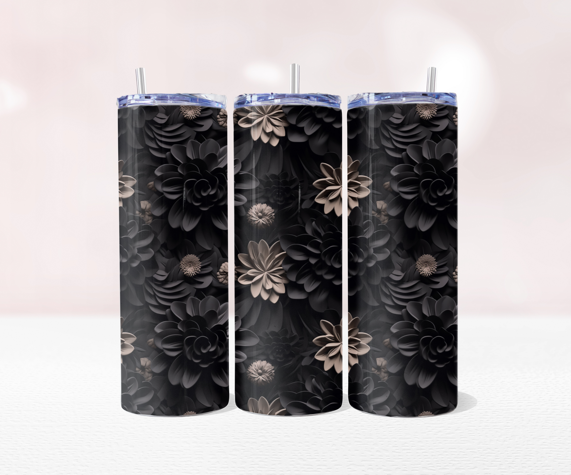 Black Beige Flowers - Full 20oz Tumbler Sublimation Ready To Print image 0