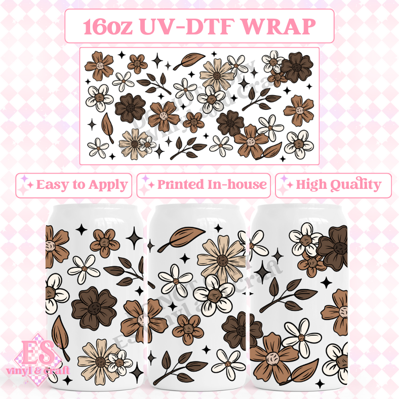 Brown Florals - 16oz Beer Can / Libbey UV-DTF Transfer image 0