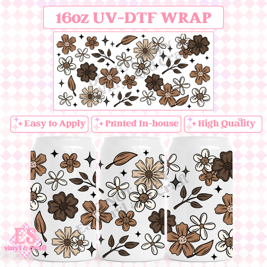 Brown Florals - 16oz Beer Can / Libbey UV-DTF Transfer image 0