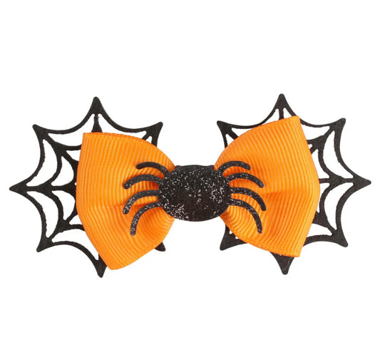 Halloween Hair Bow Clip - Spider Web and Spider Orange image 0