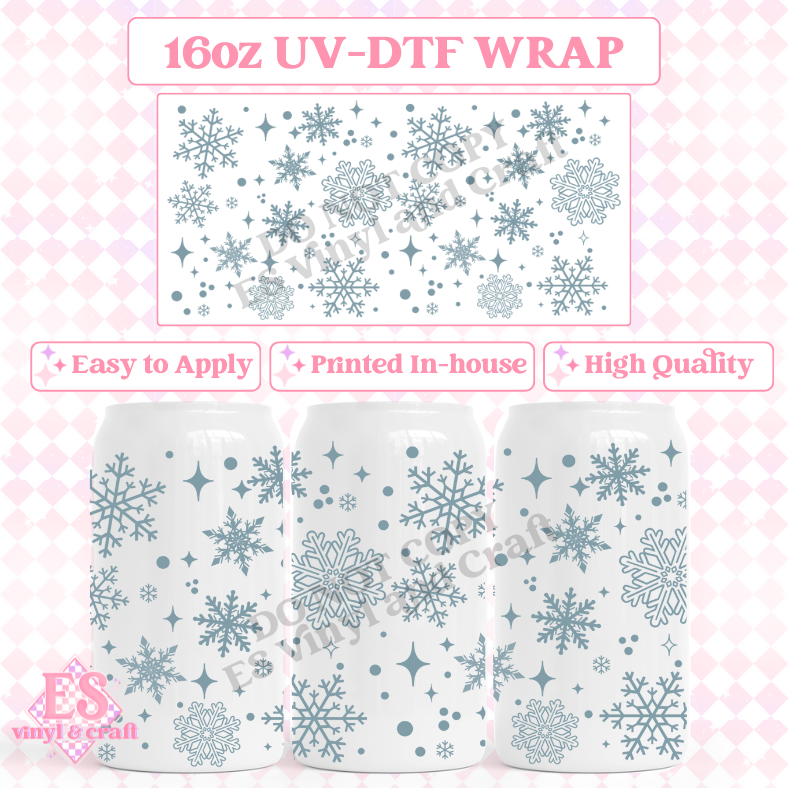 Blue Snowflakes - 16oz Beer Can / Libbey UV-DTF image 0