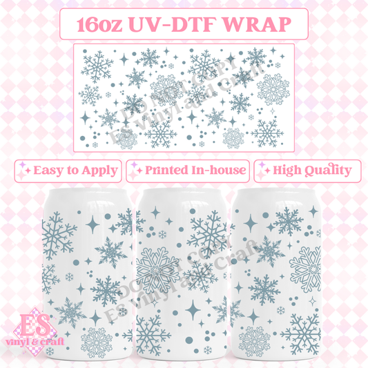 Blue Snowflakes - 16oz Beer Can / Libbey UV-DTF image 0