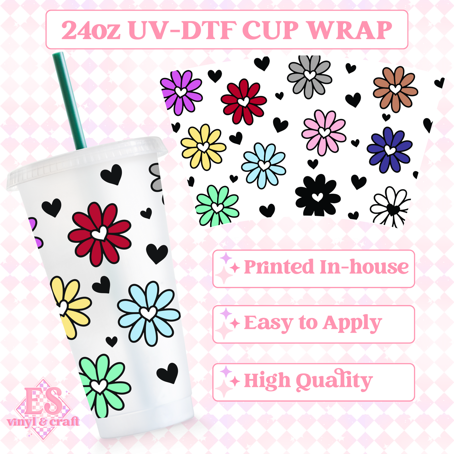 Rainbow Heart Flowers - UVDTF 24oz Cold Cup Wrap image 0