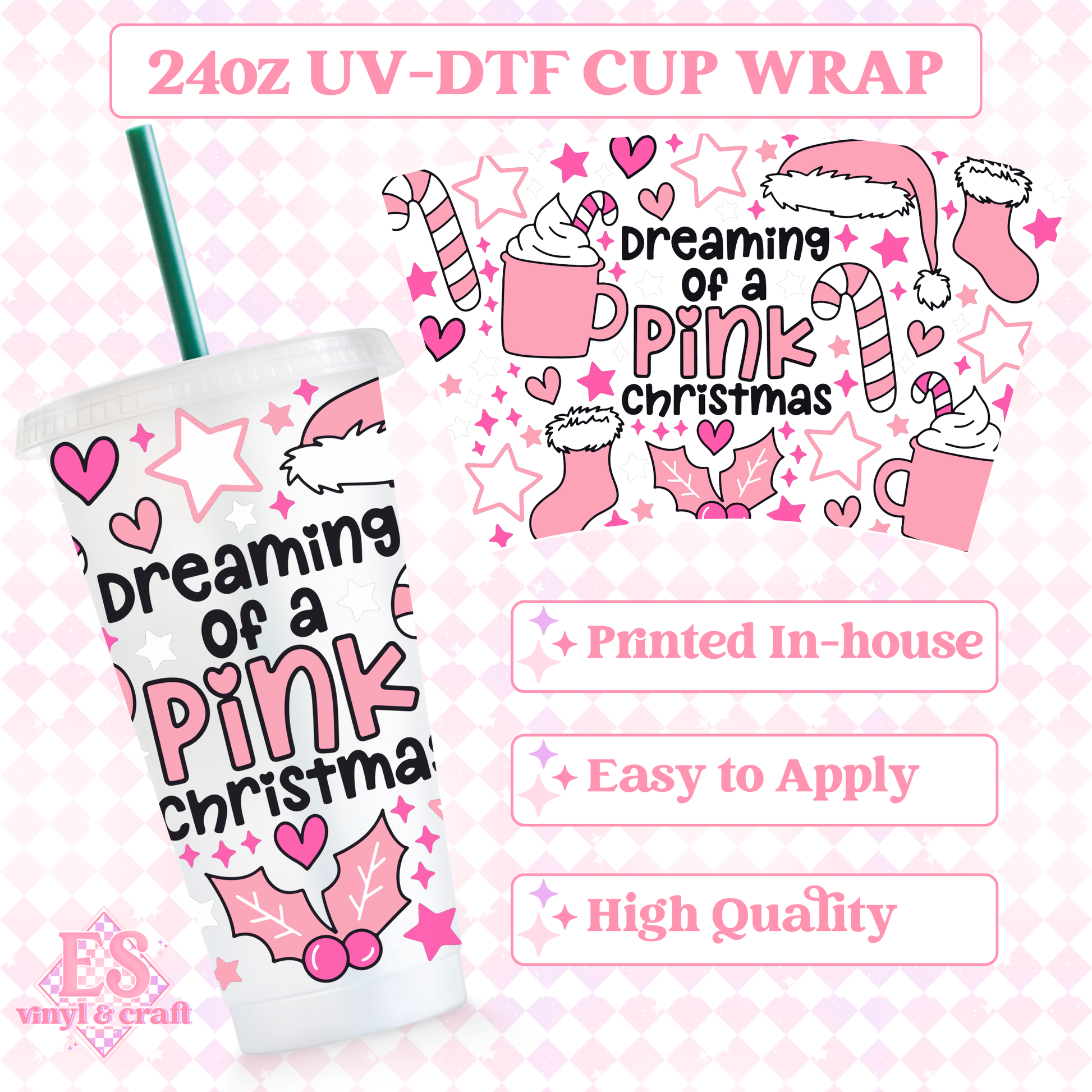 Dreaming of a Pink Christmas - UVDTF 24oz Cold Cup Wrap image 0