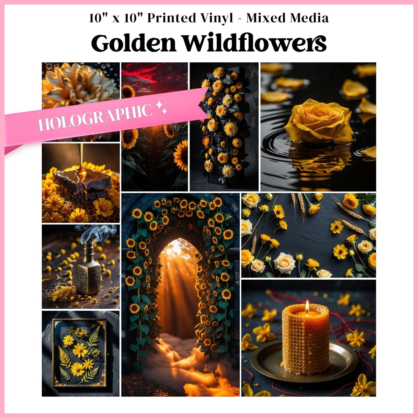 Golden Wildflowers - Mixed Media Holographic Vinyl 10"x10" Sheet