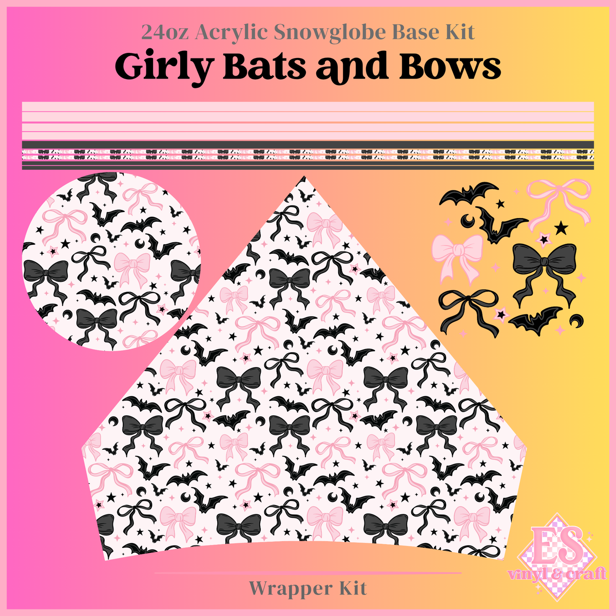 Girly Bats & Bows - 24oz Snowglobe Wrapper Kit