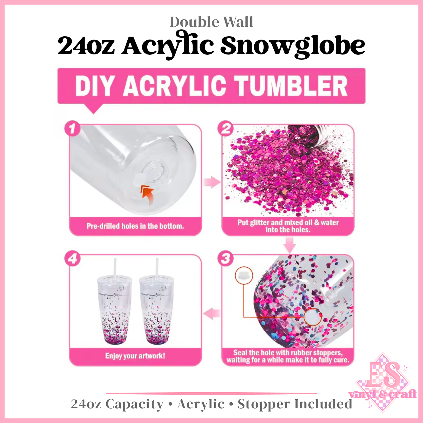 24oz Double Wall Acrylic Snowglobes Pre Drilled and Stoppers
