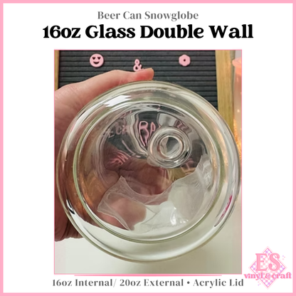 16oz Double Wall Beer Can Glass Snowglobe (20oz External) Bamboo Lid
