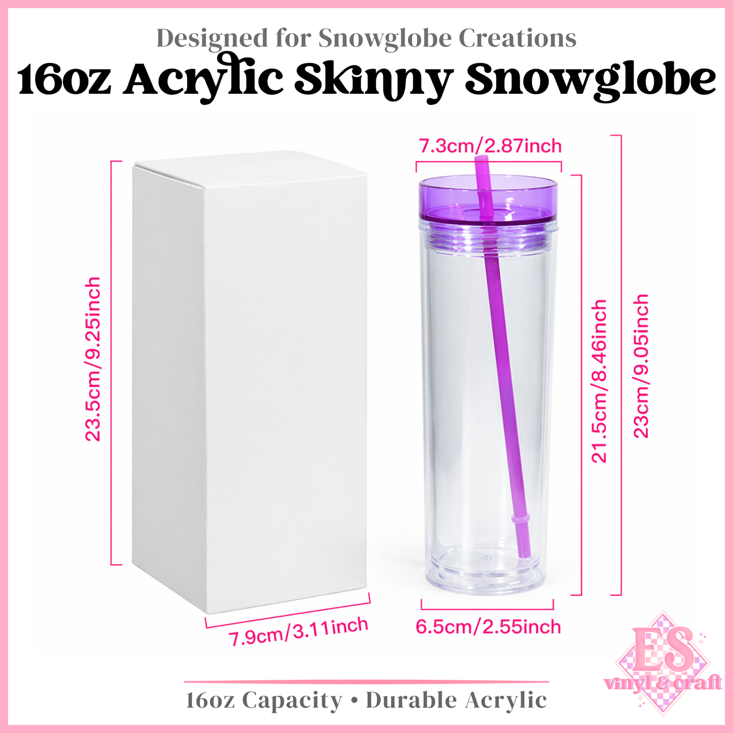 16oz Double Wall Acrylic Skinny Tumber Snowglobe
