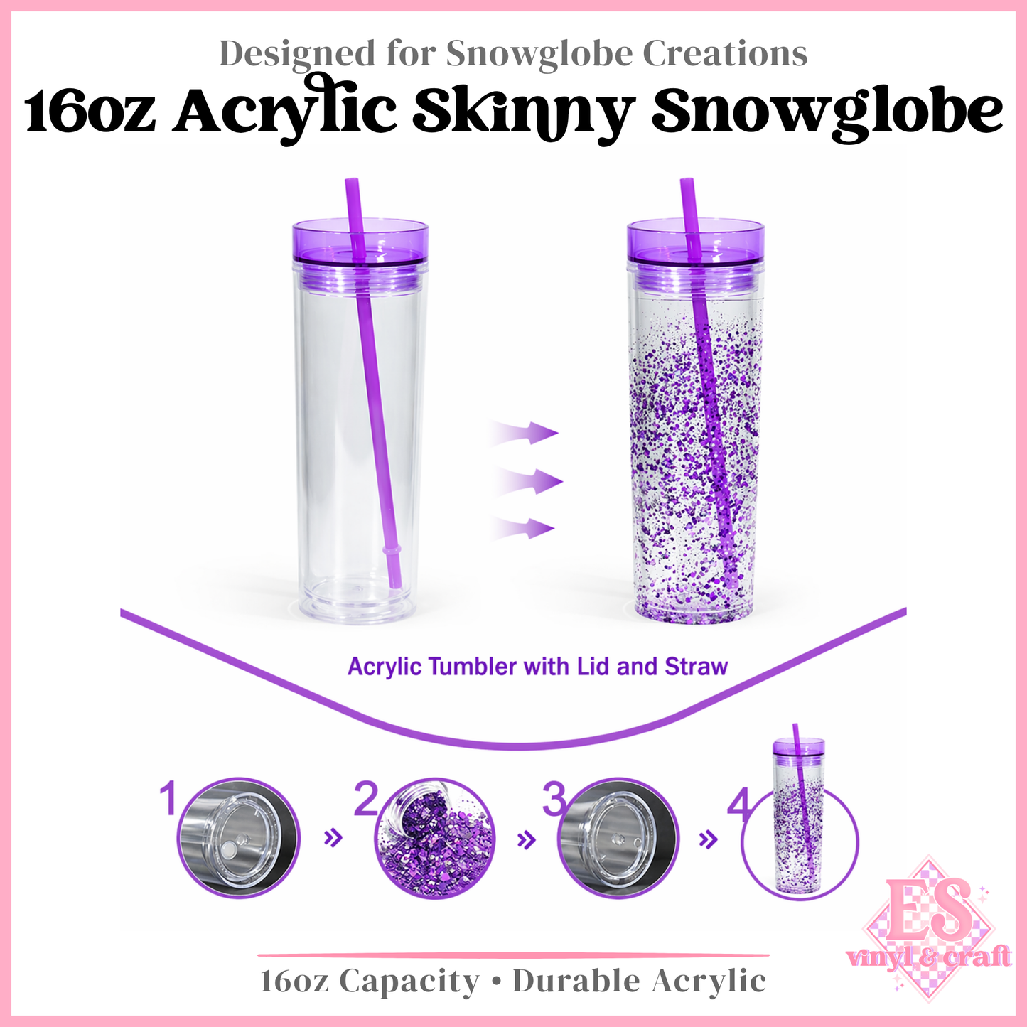 16oz Double Wall Acrylic Skinny Tumber Snowglobe