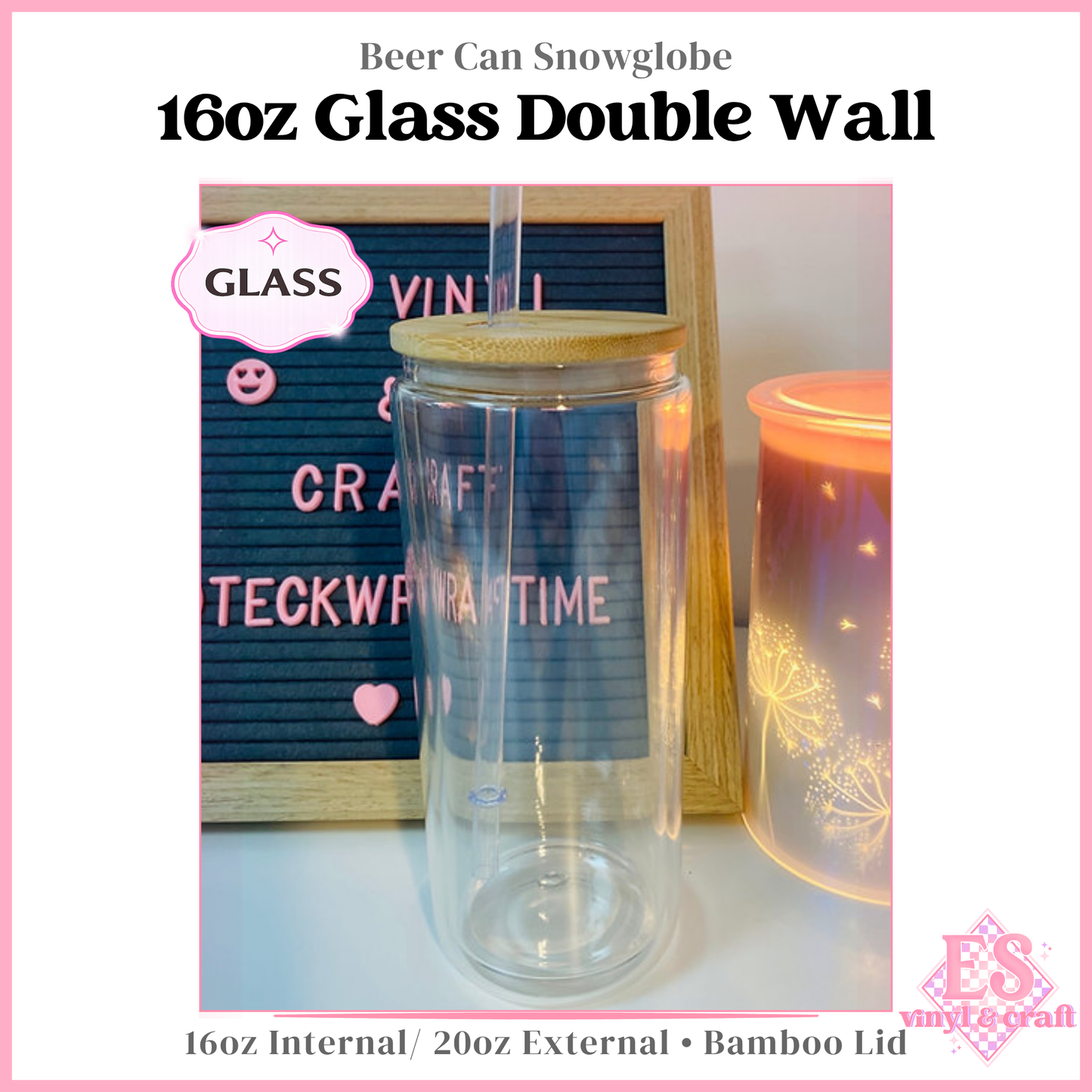 16oz Double Wall Beer Can Glass Snowglobe (20oz External) Bamboo Lid