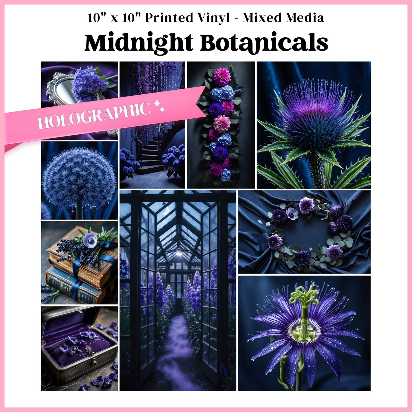 Midnight Botanicals - Mixed Media Holographic Vinyl 10"x10" Sheet