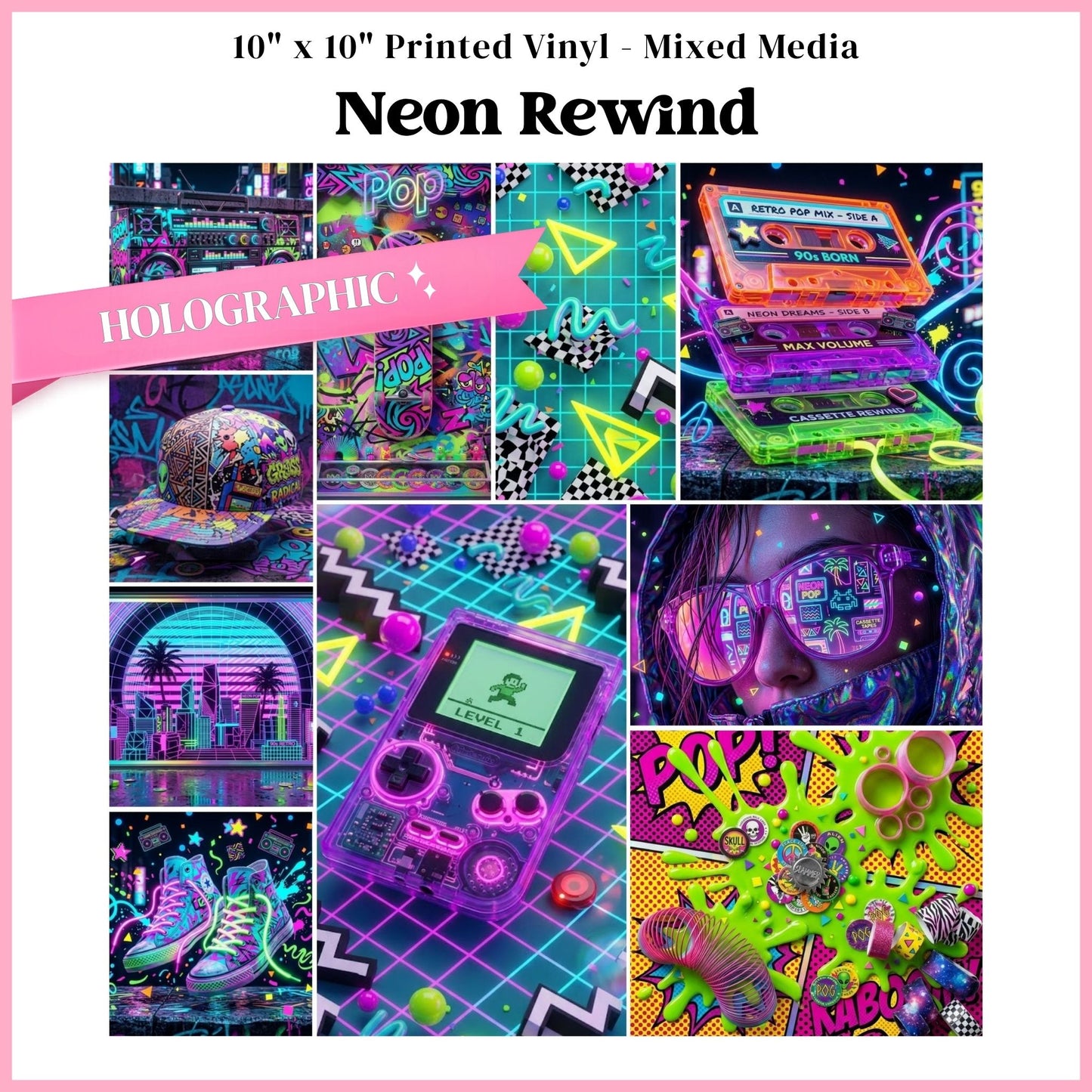 Neon Rewind - Mixed Media Holographic Vinyl 10"x10" Sheet