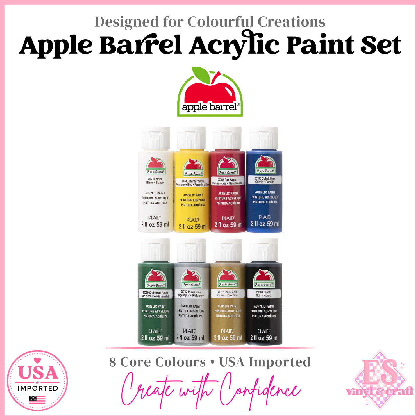 8 Colour Assortment Apple Barrel Acrylic Paint 2oz (Made in the USA)