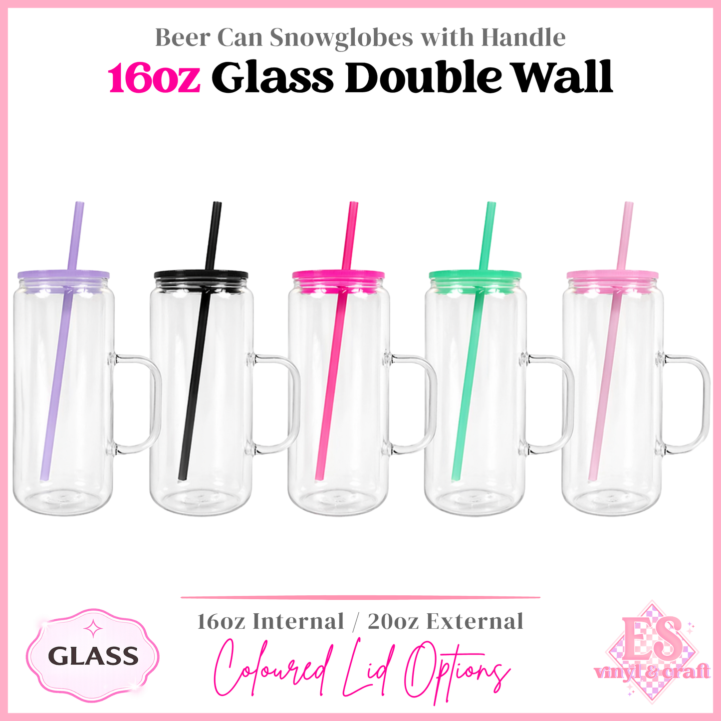 16oz Double Wall Snowglobe Glass with Handle Coloured Lid and Matching Straw