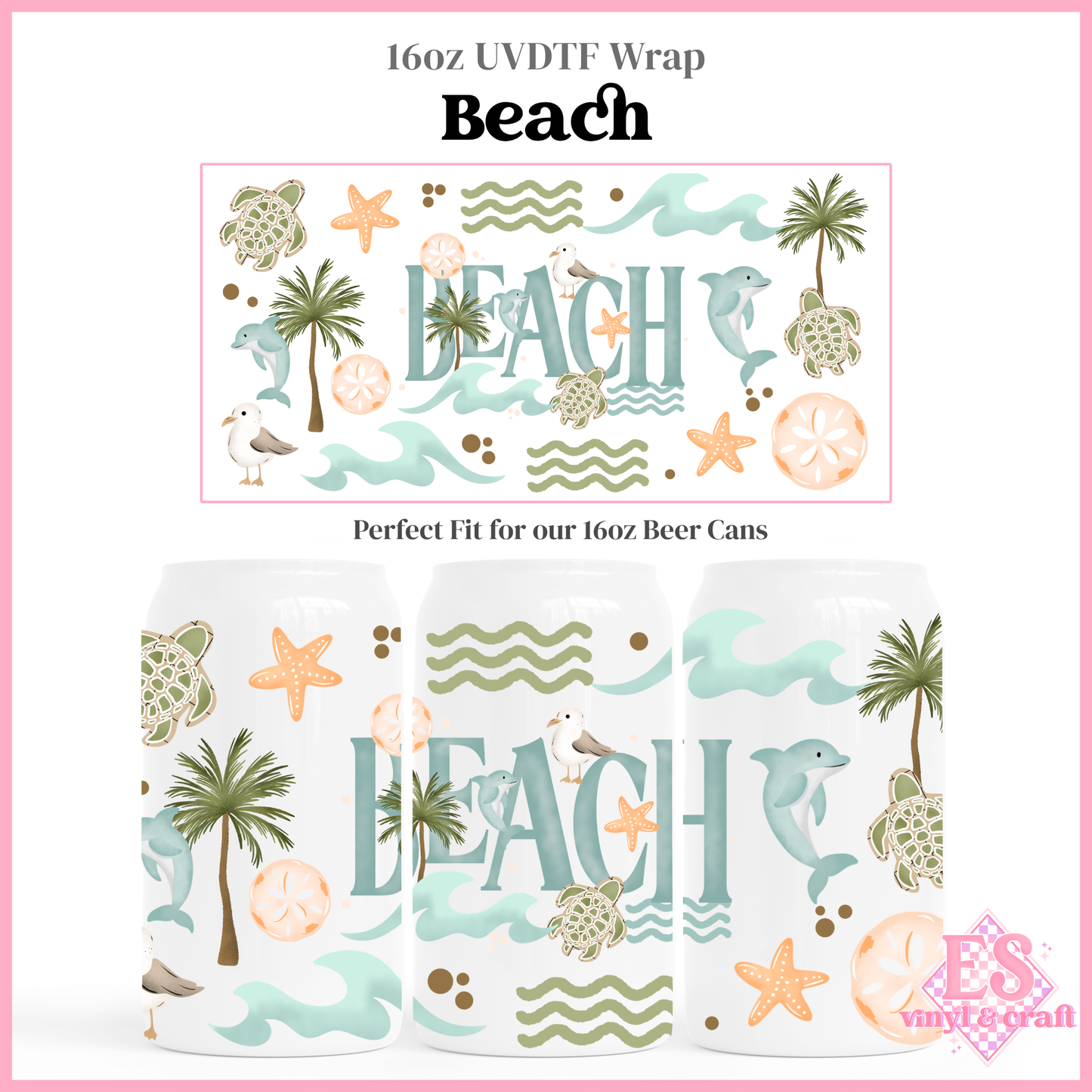 Beach - 16oz Beer Can / Libbey UV-DTF Transfer