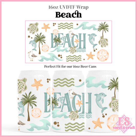 Beach - 16oz Beer Can / Libbey UV-DTF Transfer