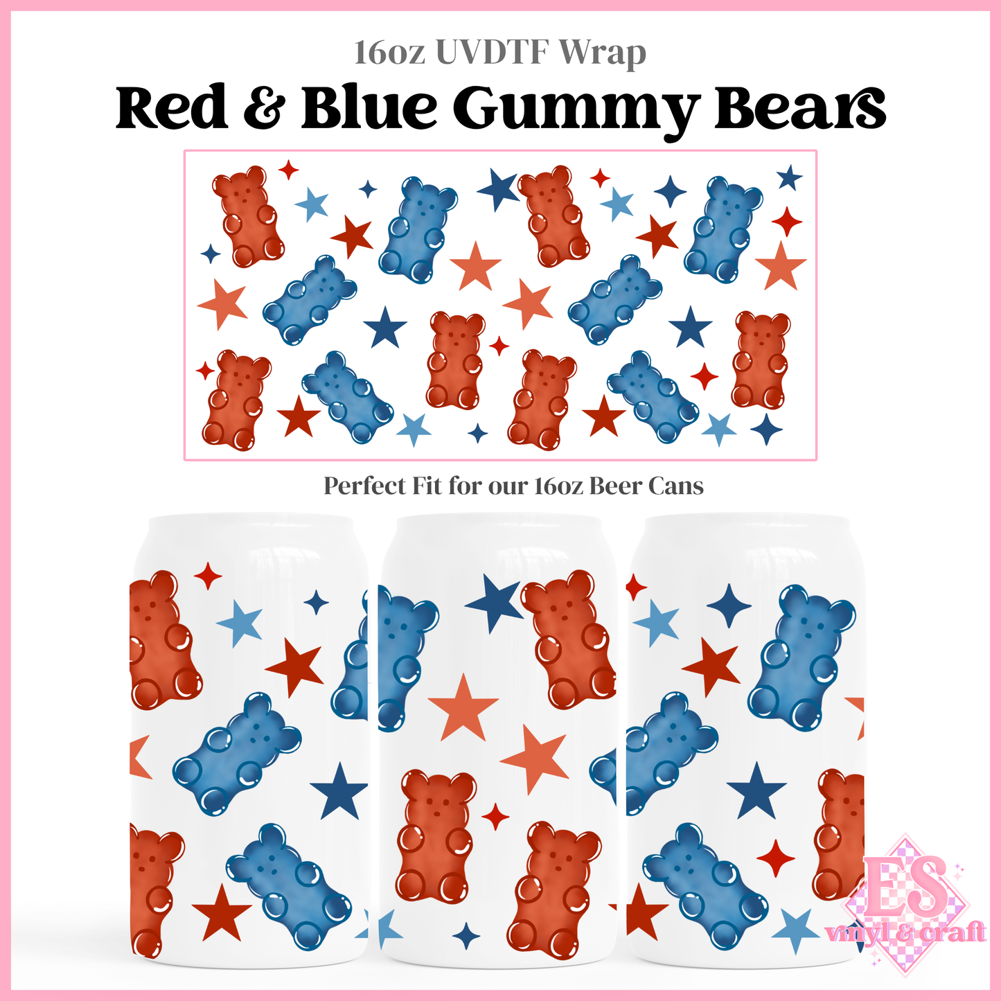 Red & Blue Gummy Bears - 16oz Beer Can / Libbey UV-DTF Transfer