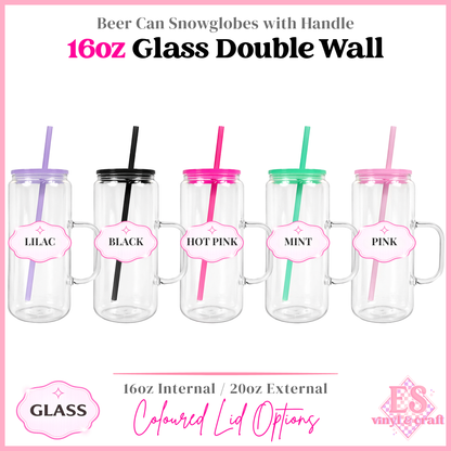 16oz Double Wall Snowglobe Glass with Handle Coloured Lid and Matching Straw