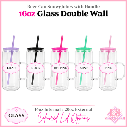16oz Double Wall Snowglobe Glass with Handle Coloured Lid and Matching Straw