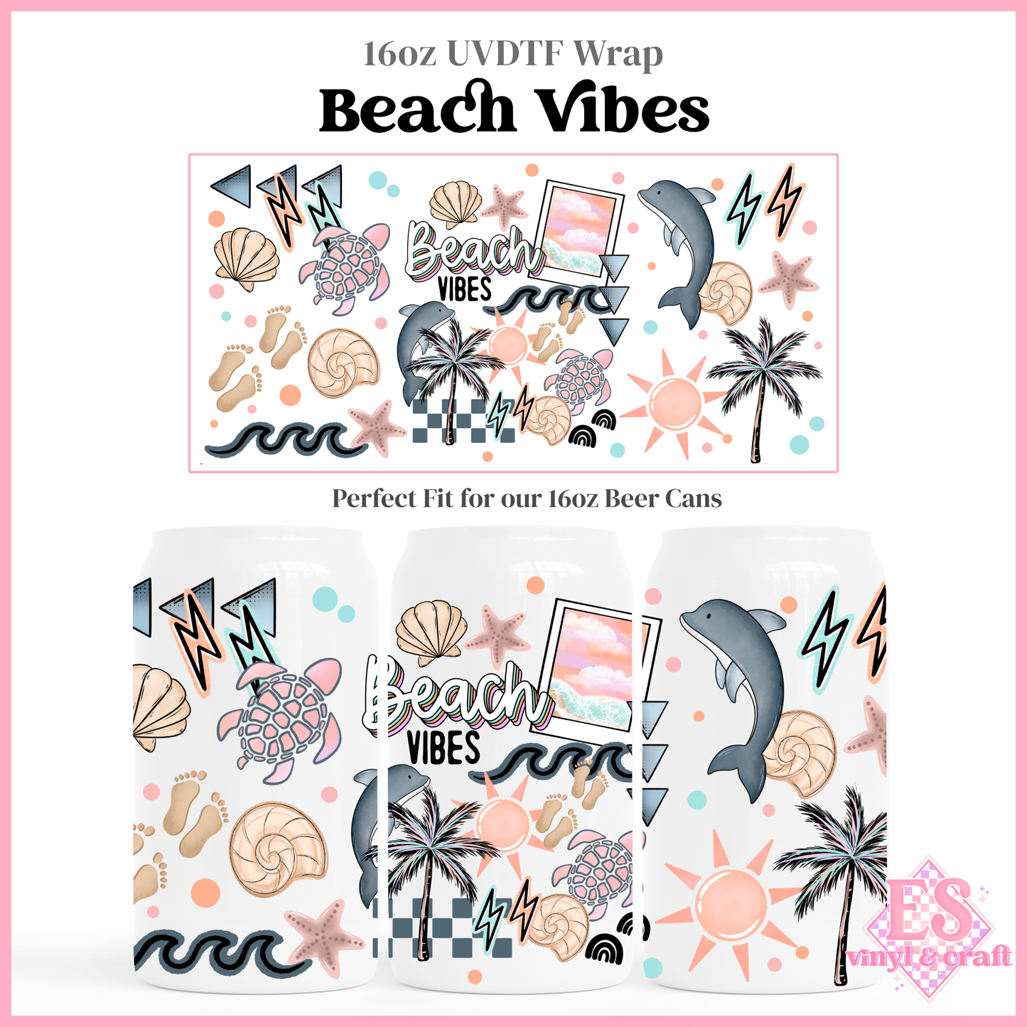 Beach Vibes - 16oz Beer Can / Libbey UV-DTF Transfer