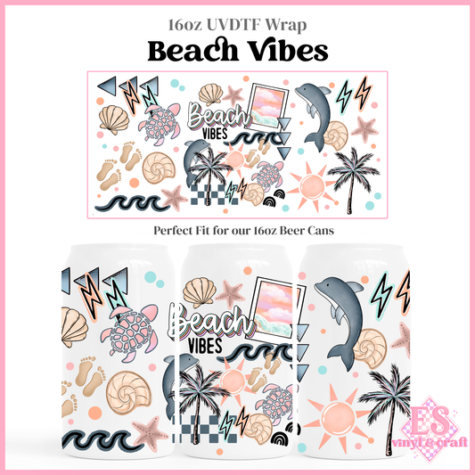 Beach Vibes - 16oz Beer Can / Libbey UV-DTF Transfer