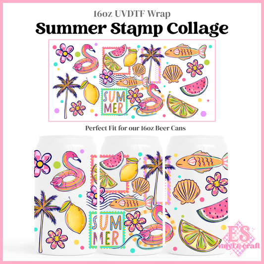 Summer Stamp Collage - 16oz Beer Can / Libbey UV-DTF Transfer
