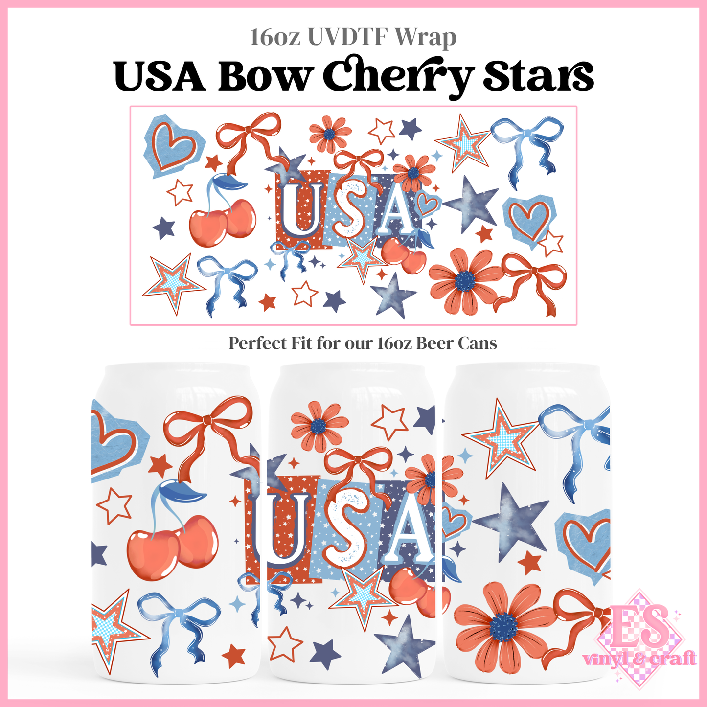 USA Bow Cherry Stars - 16oz Beer Can / Libbey UV-DTF Transfer