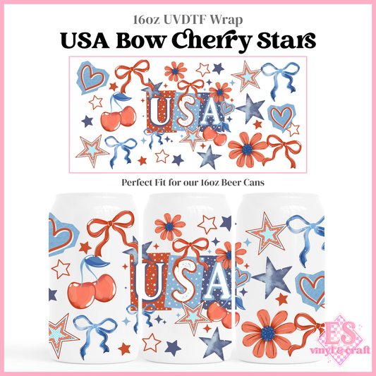 USA Bow Cherry Stars - 16oz Beer Can / Libbey UV-DTF Transfer