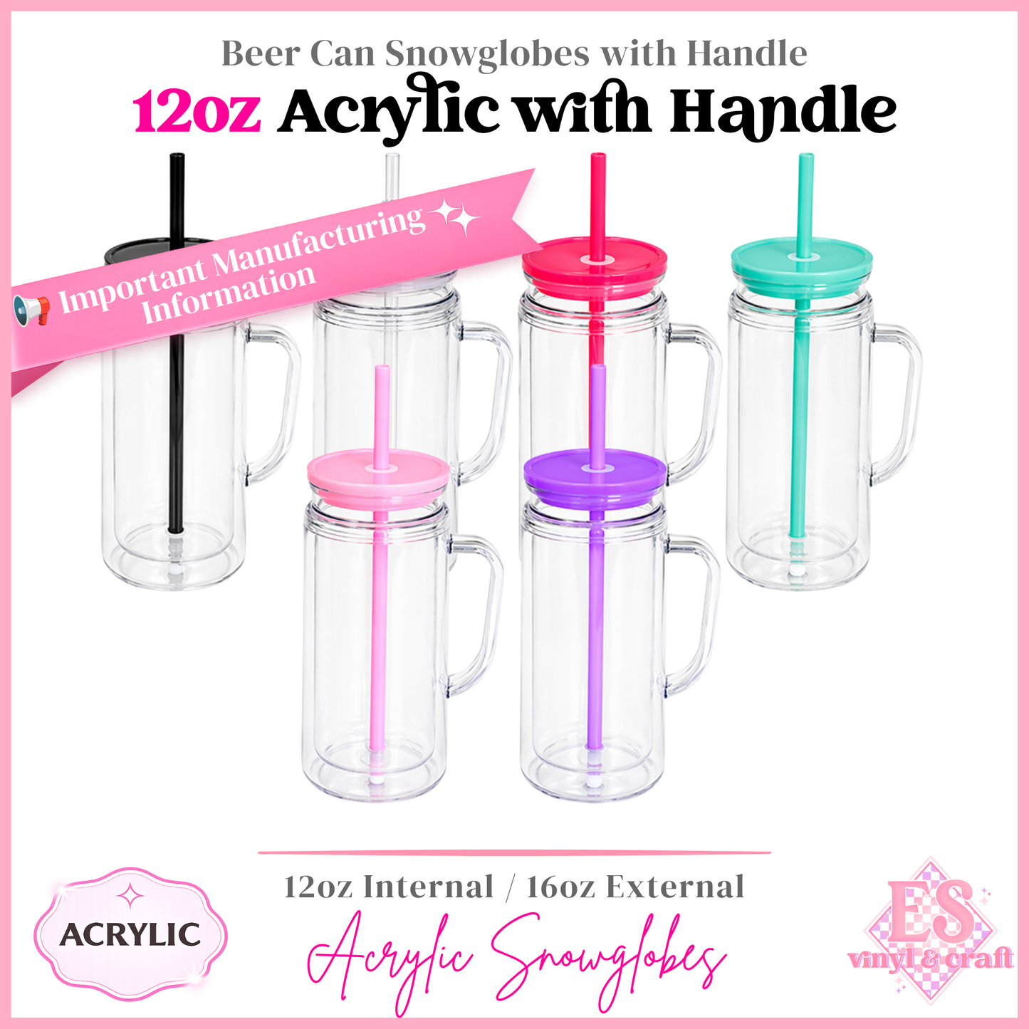 12oz Acrylic Double Wall with Handle Beer Can (16oz External)