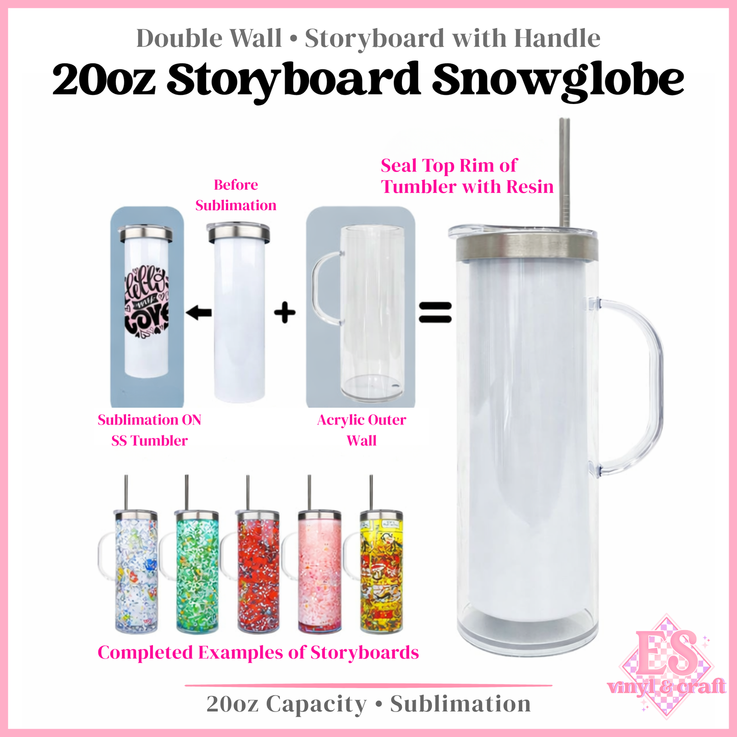 20oz Storyboard Snowglobe Sublimation Tumbler with Handle