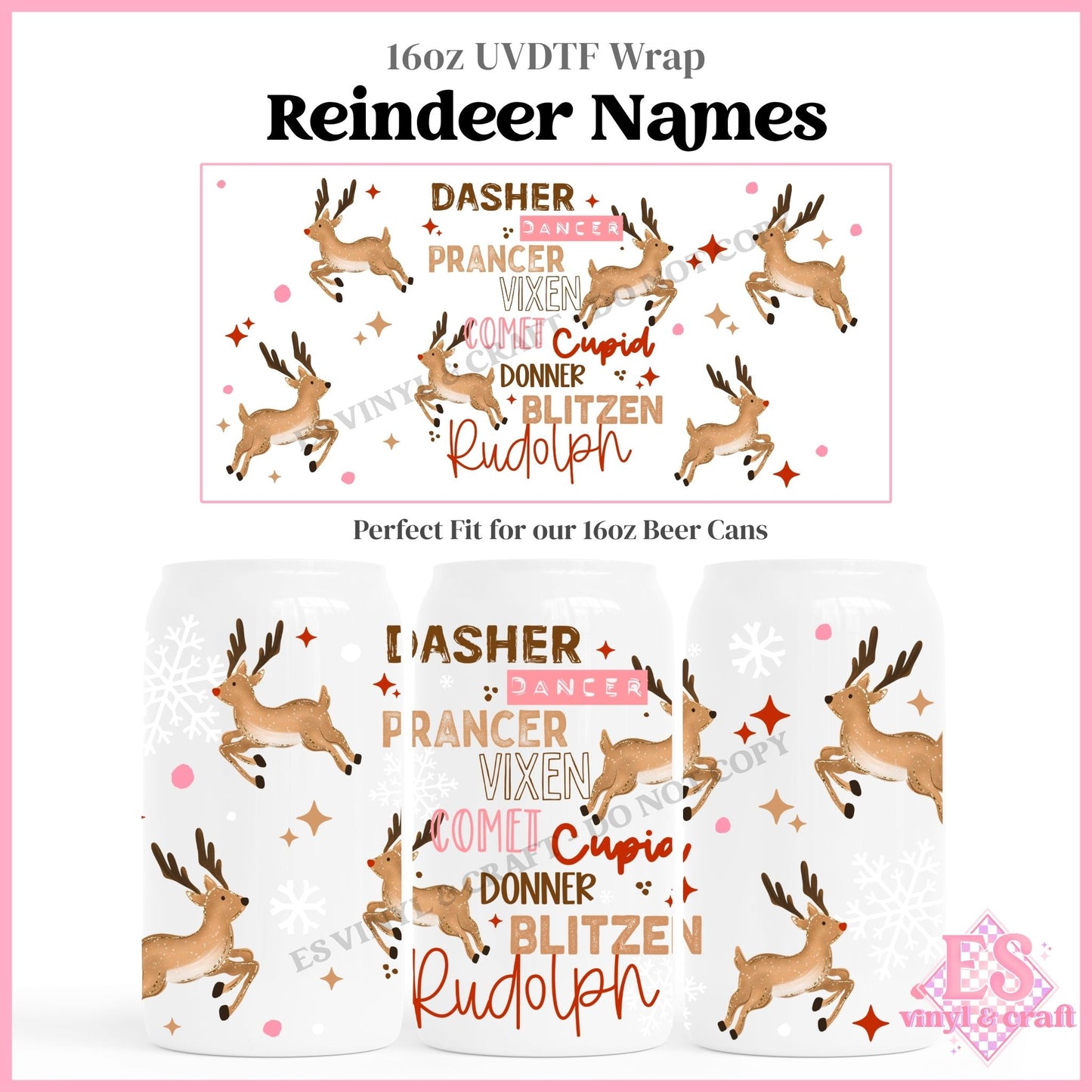 Reindeer Names - 16oz Beer Can / Libbey UVDTF Transfers