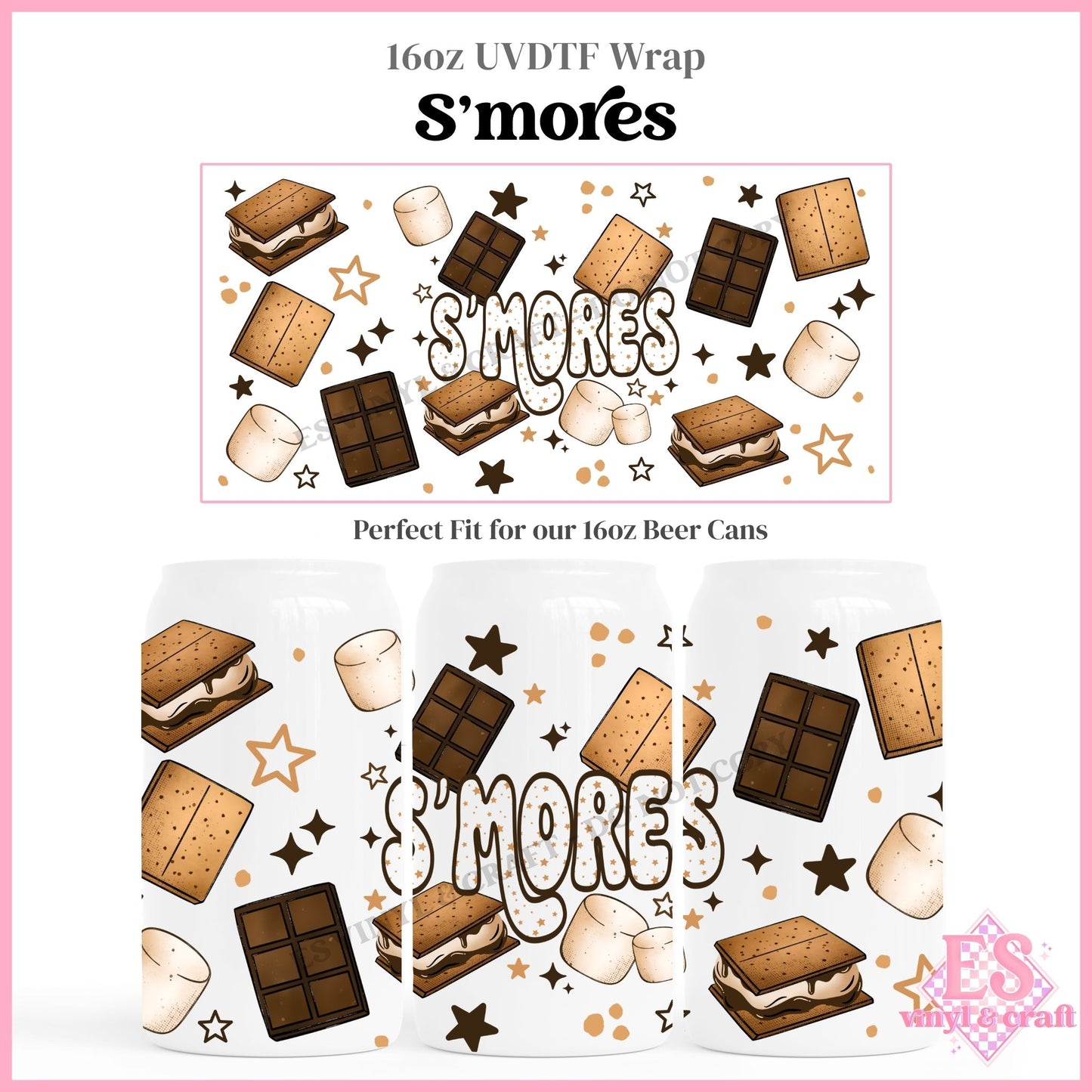 S'mores - 16oz Beer Can / Libbey UVDTF Transfers