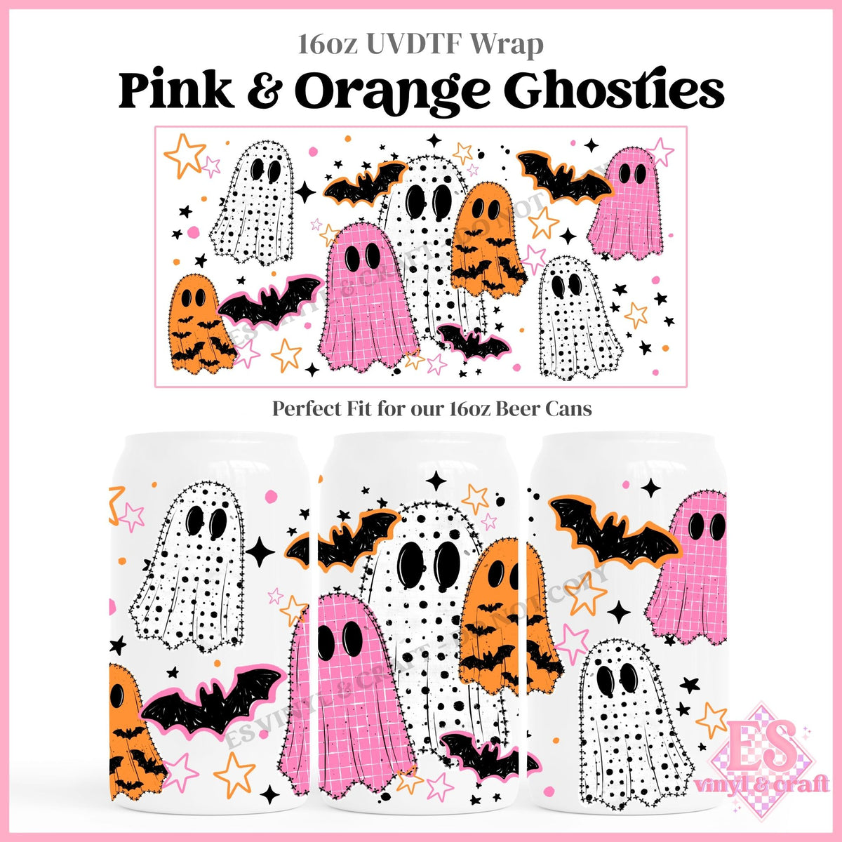 Pink & Orange Ghosties - 16oz Beer Can / Libbey UVDTF Transfers
