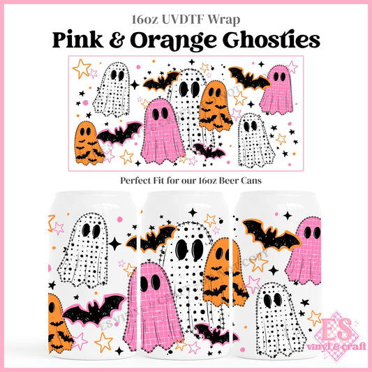 Pink & Orange Ghosties - 16oz Beer Can / Libbey UVDTF Transfers