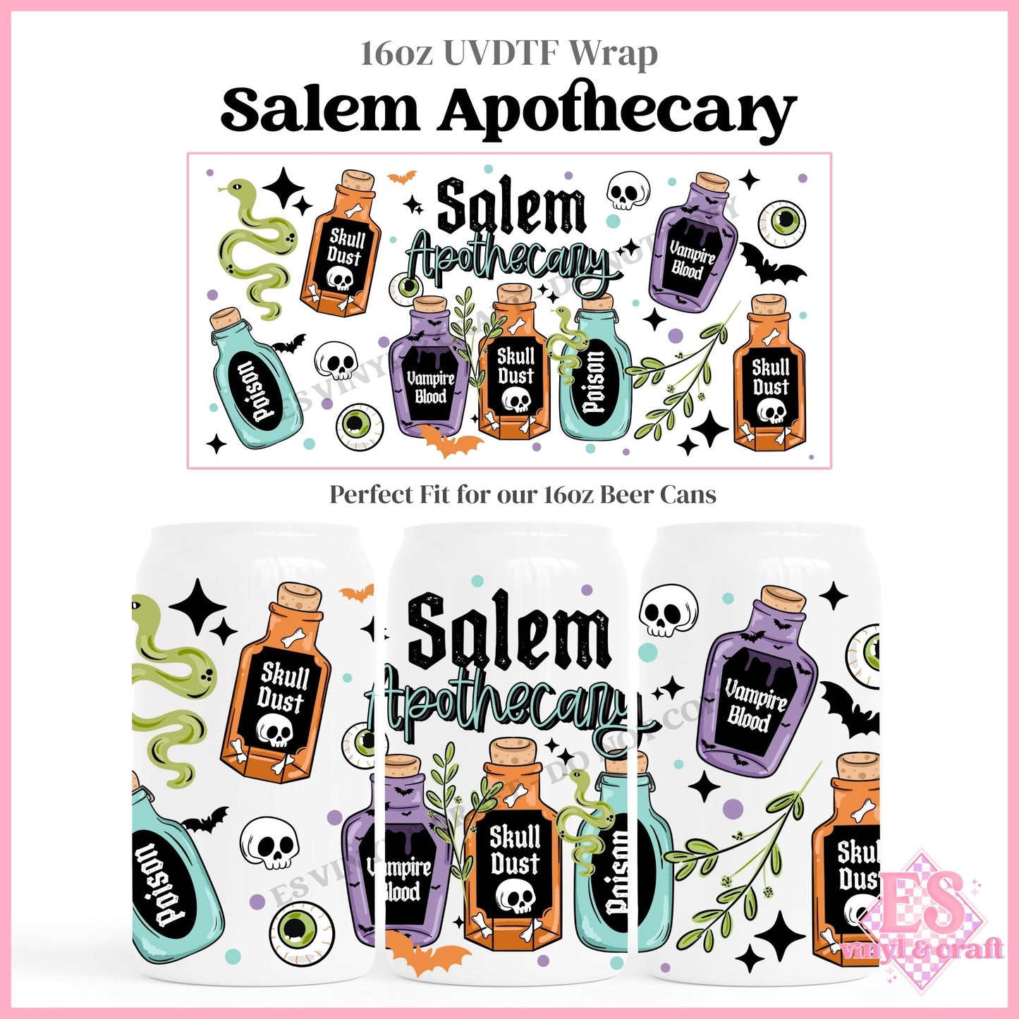 Salem Apothecary - 16oz Beer Can / Libbey UVDTF Transfers