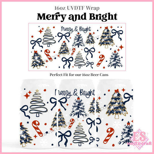 Merry and Bright - 16oz Beer Can / Libbey UVDTF Transfers