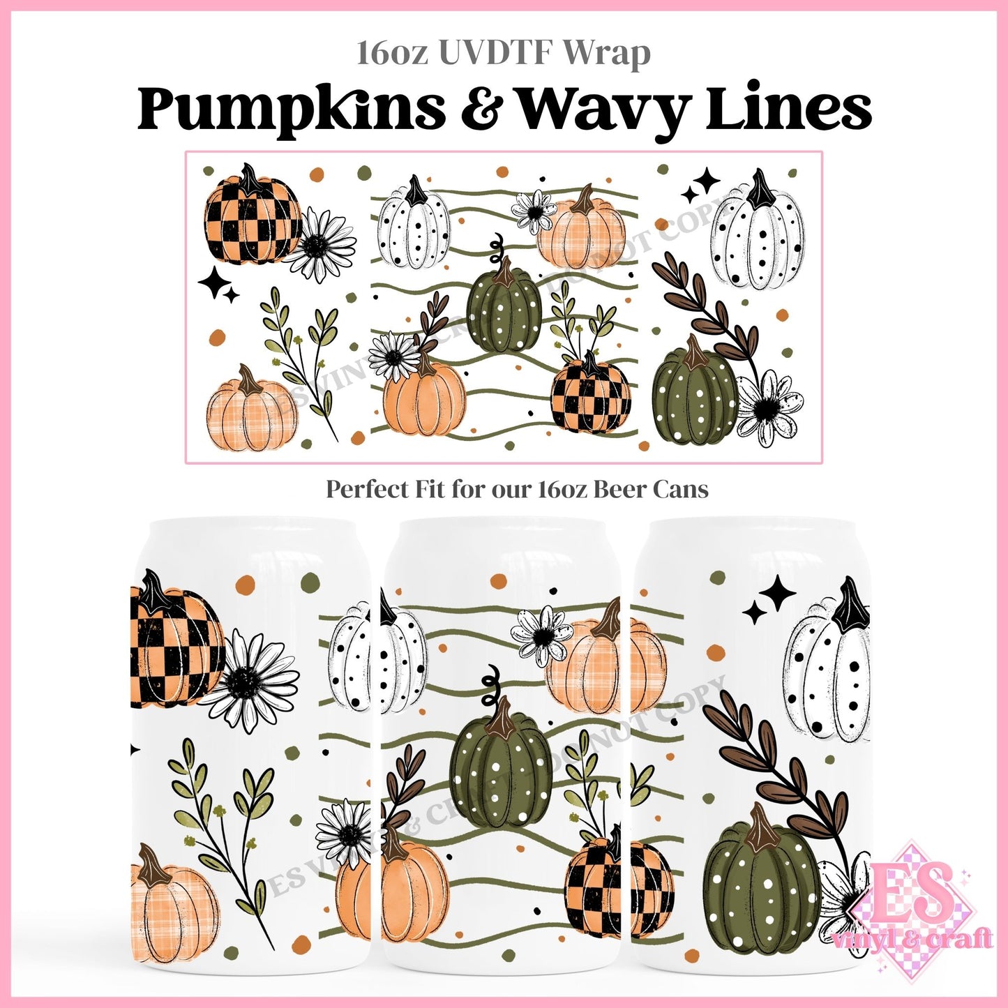 Pumpkin & Wavy Lines - 16oz Beer Can / Libbey UVDTF Transfers